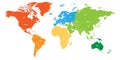 World map divided into six continents. Each continent in different color. Simple flat vector illustration