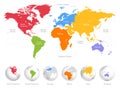 World map divided into six continents.