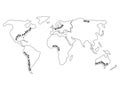 World map divided to six continents - North America, South America, Africa, Europe, Asia and Australia Oceania