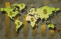 World map and dollar sign with bar-graph and coin. Royalty Free Stock Photo