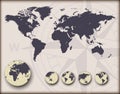 World map with earth globes Royalty Free Stock Photo