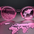 World map, embellish reality, sugarcoat concept. View on real life through pink glasses, Travel planning concept