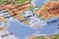 world map of european border, greece and albania in close up focus