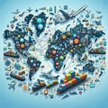 A world map filled with icons representing global connectivity and interconnectedness. Royalty Free Stock Photo