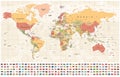 World Map and Flags - borders, countries and cities - vintage illustration Royalty Free Stock Photo