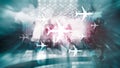 World map with flight routes airplanes. Global Aviation Business Tourism. Double exposure background. Royalty Free Stock Photo