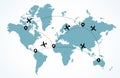 World map with flying airplanes. Travel concept, location marks in continents. Dashed trace road line. Tourism or air