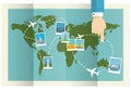 World Map with Flying Planes and Famous Tourism Locations. Vector Illustration