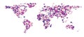 World map full of pink and purple heart symbols