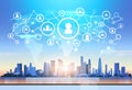World map futuristic user profile icon interface social media network connection concept cityscape background flat