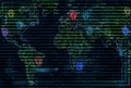 World map with geo pins and computer code overlay. Navigation and geolocation concept illustration. Digital cartography and
