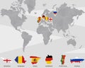 World map with Georgia, Romania, Spain, Germany, Portugal, Russia pointers