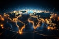World map glowing on a dark background, global network concept Royalty Free Stock Photo