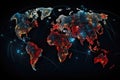 World map with glowing lines and dots on dark background. Vector illustration, Communications network map of the world, AI Royalty Free Stock Photo