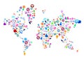 World map head with internet social media technology symbols . colorful icons map shape .