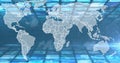 World map with hexagonal patterns and data processing image over blue background