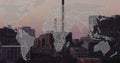 World map and hexagonal patterns image over cityscape at dusk