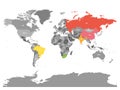 World map with highlighted member countries of BRICS - association of five major emerging national economies - Brazil