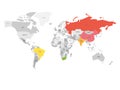 World map with highlighted member countries of BRICS - association of five major emerging national economies - Brazil