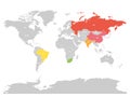 World map with highlighted member countries of BRICS - association of five major emerging national economies - Brazil