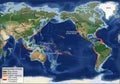 World map highlighting the Pacific Ring of Fire, indicated by a red line and dots representing Royalty Free Stock Photo