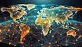 The World map and the hologram with the net of connections between countries and supply chains. Generative AI Royalty Free Stock Photo