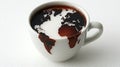 World map in hot chocolate, cup, white background, global concept, advertising Royalty Free Stock Photo