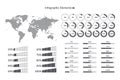 World map icon. Percentage vector infographic symbol set. 0 to 100 percent gradient pie chart signs, circle and square diagrams