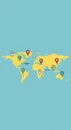 World map illustration with yellow continents on a light blue background. Features Royalty Free Stock Photo