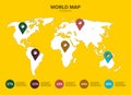 World map infographic. 5 multi-colored pins on the continents. Vector illustration in flat style for infographics Royalty Free Stock Photo