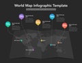 World map infographic template with colorful pointer marks - dark version