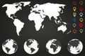 World map infographic template with different markers and four globe icons from different sides Royalty Free Stock Photo