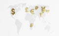 World map on and international currency sign include dollar euro yen yuan pound sterling for money transfer and trade forex Royalty Free Stock Photo
