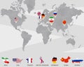 World map with Iran, USA, France, UK, Germany, China, Russia pointers