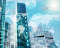 World map with jet and business center Royalty Free Stock Photo