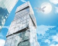 World map with jet and skyscraper Royalty Free Stock Photo