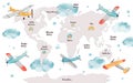 World map for kids with cute cartoon planes, clouds and rainbows. Children's map design for wallpaper, kid's room, wall