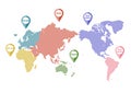 World map and location information mark. The six continents of the earth. Vector illustration.