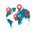 World map location pins vector, global gps transportation geo pointer