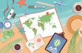 World map with location points and travel items vector flat illustration. Planning summer vacation, journey.