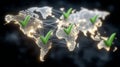 World map made of glowing dots connected by fine lines with floating green checkmarks above key nodes, global QA, software Royalty Free Stock Photo