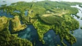 A world map made of green tree and vegetation. Only landscapes and bodies of clean water, no cities, no deserts Royalty Free Stock Photo