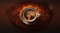 World map made of roasted coffee beans with coffee cup, top view Royalty Free Stock Photo