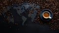 World map made of roasted coffee beans with coffee cup, top view Royalty Free Stock Photo