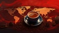 World map made of roasted coffee beans with coffee cup, top view Royalty Free Stock Photo