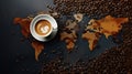 World map made of roasted coffee beans with coffee cup, top view Royalty Free Stock Photo