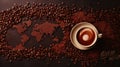 World map made of roasted coffee beans with coffee cup, top view Royalty Free Stock Photo