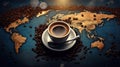 World map made of roasted coffee beans with coffee cup, top view Royalty Free Stock Photo