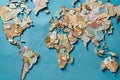 The world map is made up of pieces of different banknotes.