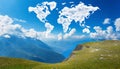 World map made of white fluffy clouds against a blue sky on a warm summer morning. Royalty Free Stock Photo